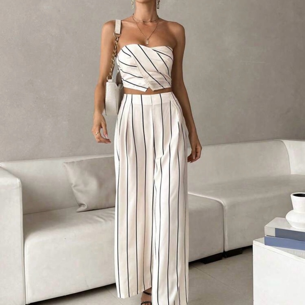 Striped White and Black Women's Pant and Tube Top Set